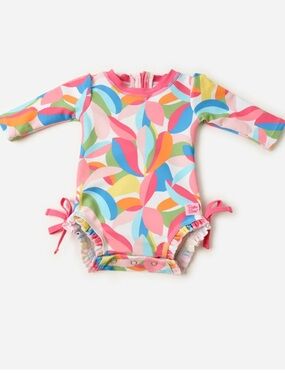 Ruffle Butts Pink Trim Multicolor Print Long Sleeve Swimsuit